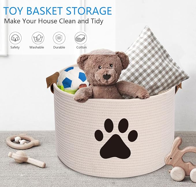 Morezi Dog toy bin pet cat toy box baskets in large suff storage - Perfect for collect toys, grooming stuff, closthing, diapers for Living Room, Playroom, Closet, Home - Beige