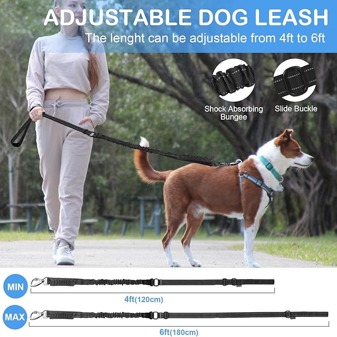 Heavy Duty Dog Leash for Medium Large Dogs,4-6FT Shock Absorbing Bungee Tactical Dog Leash with Control Padded Handle and Car Seatbelt, Reflective Lead for Walking Training,Black
