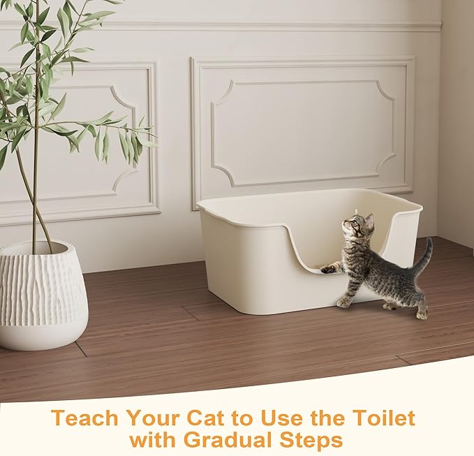 Low Entry Cat Litter Box with High Sides - Open-Top Anti-Splash, Durable Easy-Clean Pan for Kittens, Munchkin Cats, Senior Medium-Sized Cats & Small Pets (Rabbits), 19.3”x13.3”x7.8” Beige