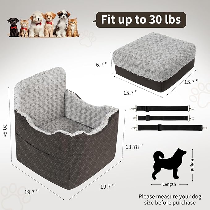 Dog Car Seat for Small Medium Dogs - 6.7inch Elevated Dog Booster Car Seats wih Soft Rose Velvet, Washable Travel Pet Carseat with 2 Safety Leashes and Storage Pockets(Grey/Black Coffee)