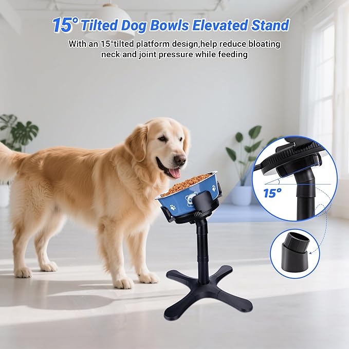 Dog Bowls Elevated Adjustable Stand, Raised Bowl with 3 Heights & Tilted Feeding Stand, Compatible with Various Bowls, for Medium & Large Breeds(with Bowl) Black