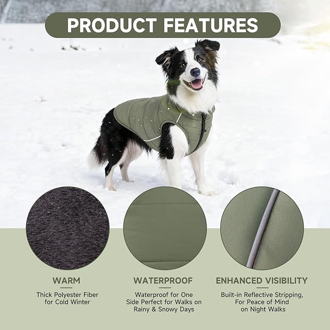 Dog Winter Coat - Waterproof Cold Weather Coat with Thick Padding, Windproof Dog's Snow Jacket with Neck & Tail Drawstrings, Reflective Puppy Jacket - Small Dog Coats, Olive Green S