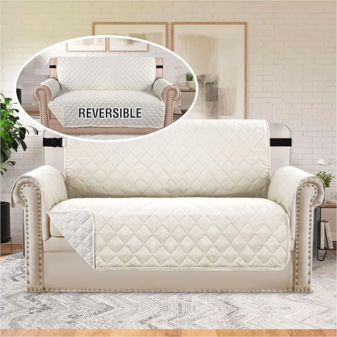 H.VERSAILTEX Sofa Protector for Dogs/Cats/Pets Sofa Covers Slipcover Quilted Couch Coveres Loveseat Covers with Non Slip Elastic Strap Water Resistant Seat Width: 46" (Loveseat, Ivory/Beige)