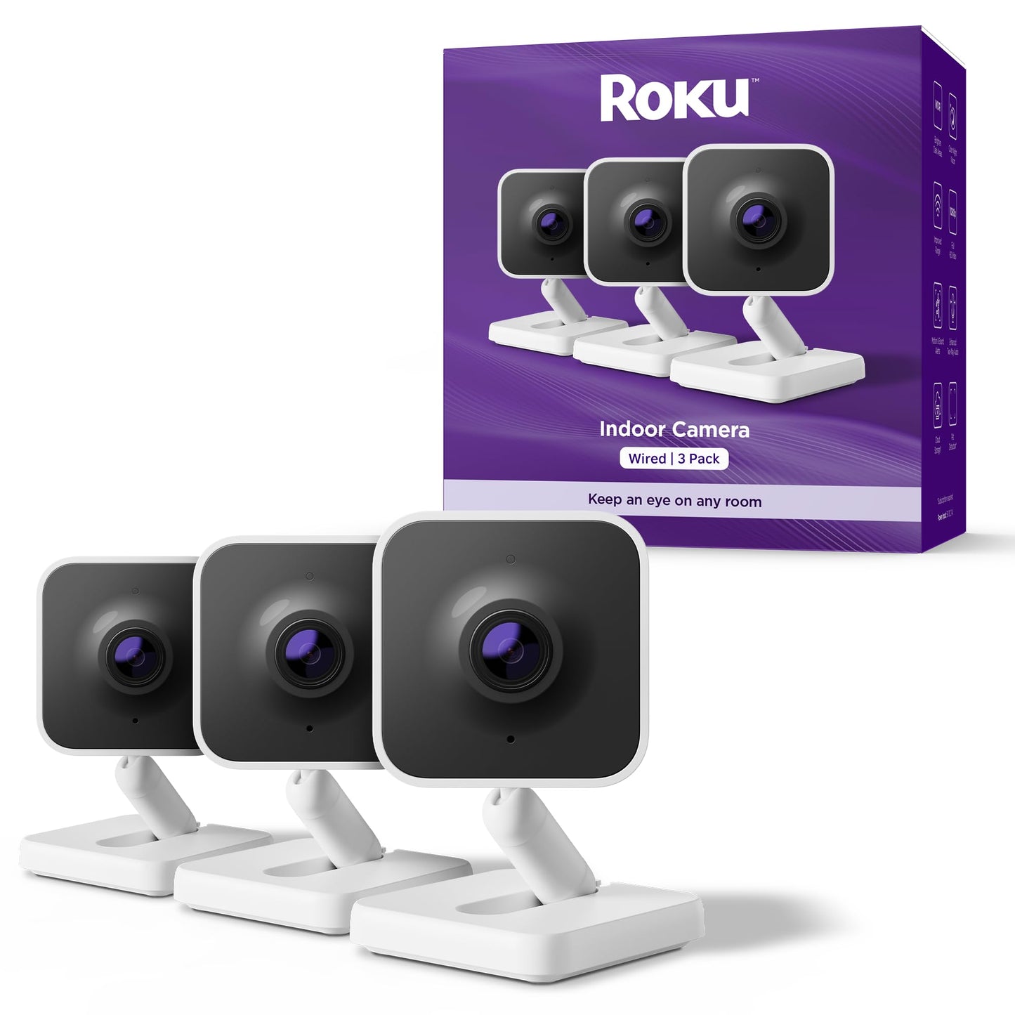 Roku Indoor Camera - Home Security - 3-Pack - Wired Security Camera & Pet Monitor with 1080p HD Color Night Vision, Compatible with Alexa & Google, Motion & Sound Detection, WDR & WiFi 6