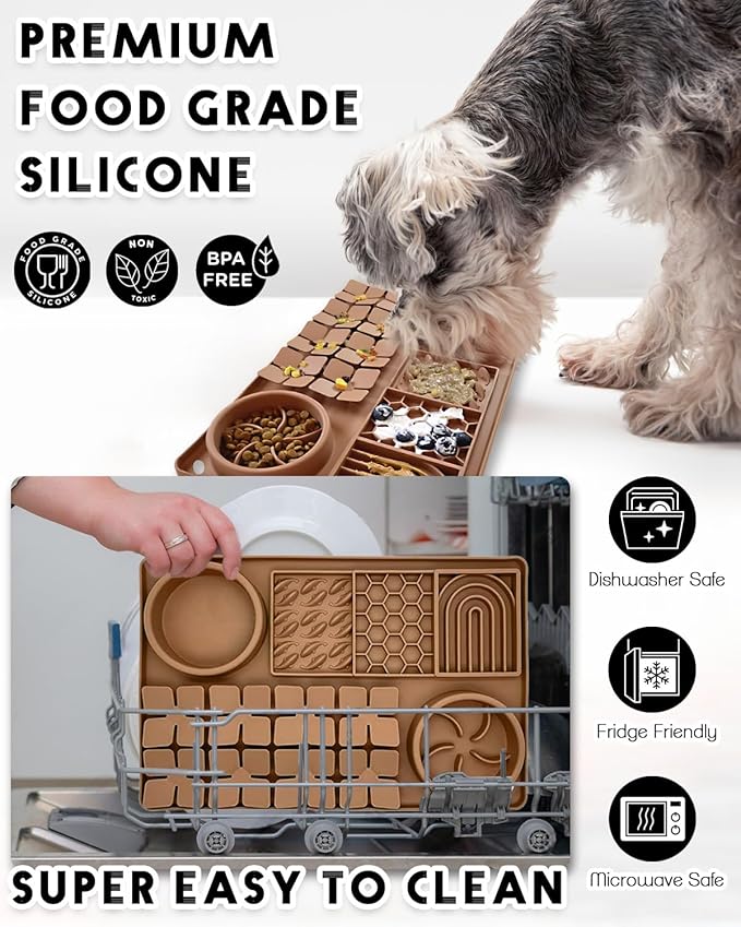 4-in-1 Silicone Snuffle Mat for Dogs, Dog Slow Feeder Bowl & Lick Mat with Suction Cups, Dog Puzzle Feeder Toy Sniff Mat for Smell Training Slow Eating Keeping Busy, Brown