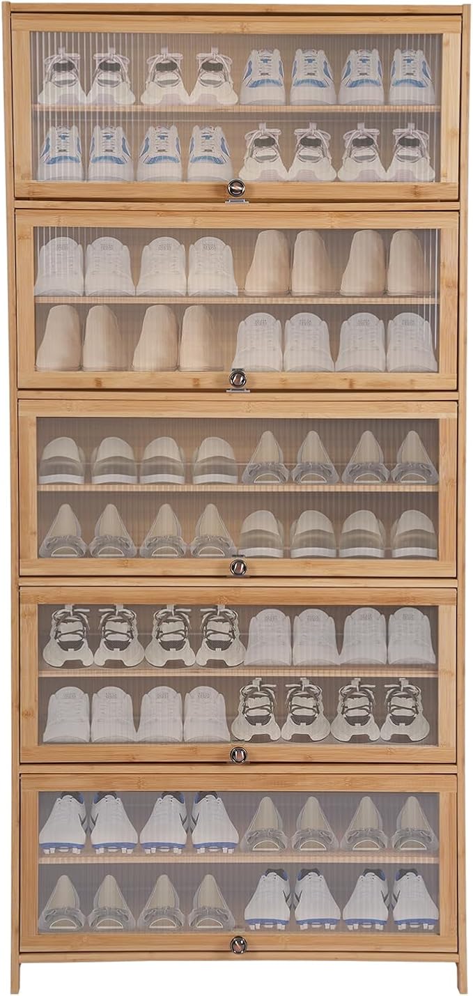 Tall Bamboo Shoe Cabinet with Doors, 10 Tier Large Capacity Shoe Rack Organizer, Narrow Freestanding Storage Shelf for Entryway, Hallway & Closet, Holds 40-45 Pairs (Brown)