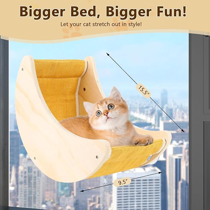 Window Cat Bed, Suction Cup Cat Window Perch for Large Cats, Moon Shelves Cat Hammock for Window, Wall Mounted Solid Wood Cat Bed for Sleep Watch Birds Sunbathing, Holds 50 Pounds