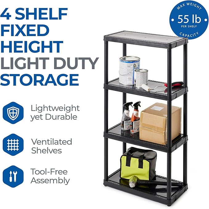 Gracious Living 4 Shelf Fixed Height Solid Light Duty Storage Unit 12 x 24 x 48 for Home, Garage, Basement, & Laundry, Black (2 Pack)