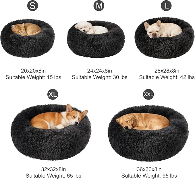 Dog Bed Calming Beds for Small Medium Large Dogs - Round Donut Washable Puppy Dog Bed, Anti-Slip Faux Fur Fluffy Donut Cuddle Anxiety Cat Pet Bed(32'' Black)
