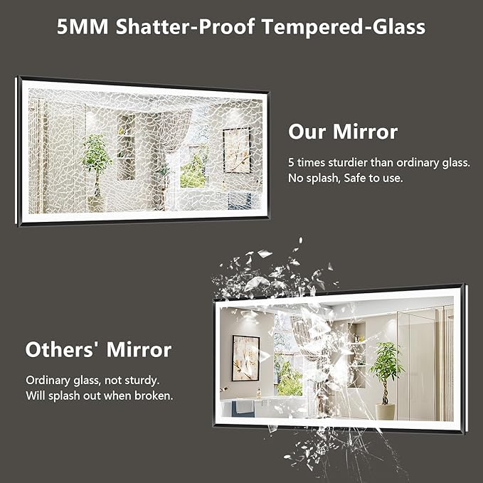 60x40 Black Framed LED Bathroom Mirror with Lights, Backlit and Front Light, Lighted Bathroom Vanity Mirror for Wall Dimmable Anti-Fog Memory Tempered Glass Horizontal/Vertical