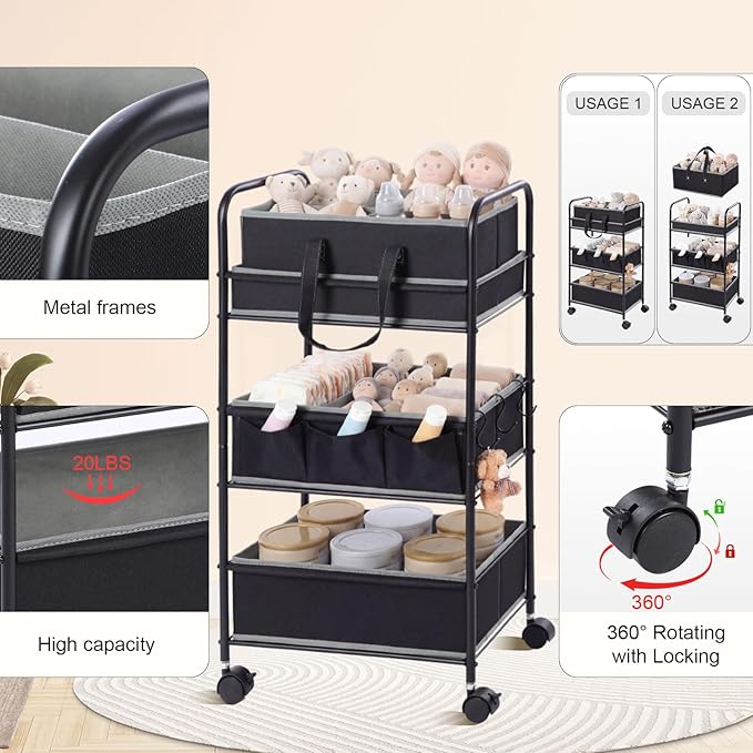 Honeydak 2in1 Baby Diaper Caddy Organizer Cart 3 Tier Large Capacity Metal Utility Bedside Rolling Cart with Divider for Newborn Nursery Essential Must Have for Crib Bedroom Baby Shower(Black)
