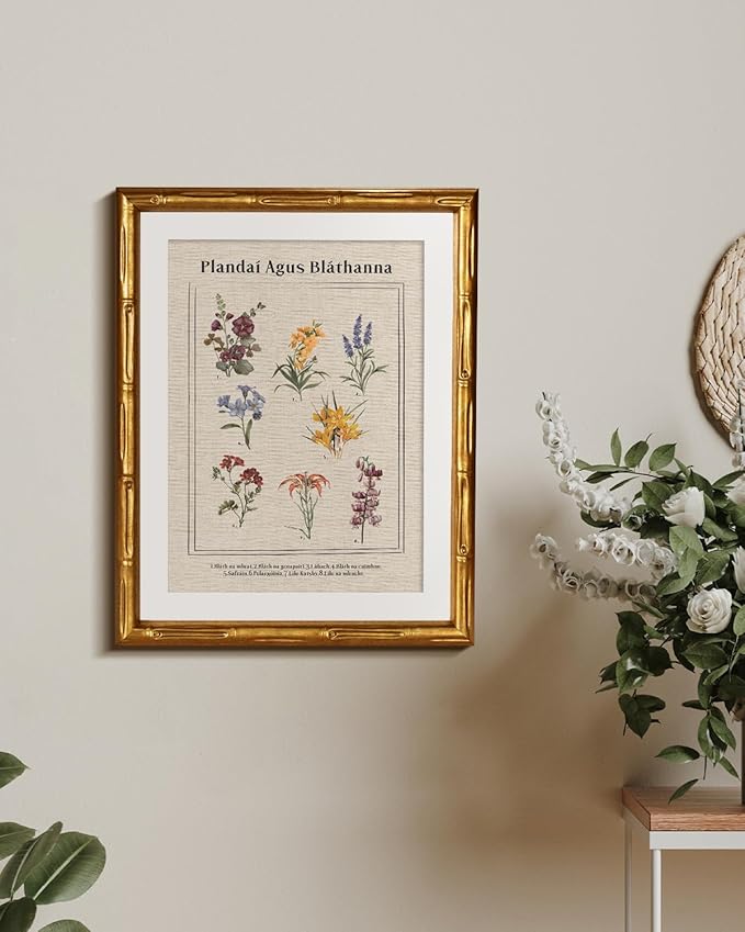 Vintage Botanical Wall Art Antique Style Plant Illustration 11x14, Gold Bamboo-Textured Framed Canvas Floral Print Acrylic Cover, Classic Natural History Artwork Room Bedroom Study Home Decor