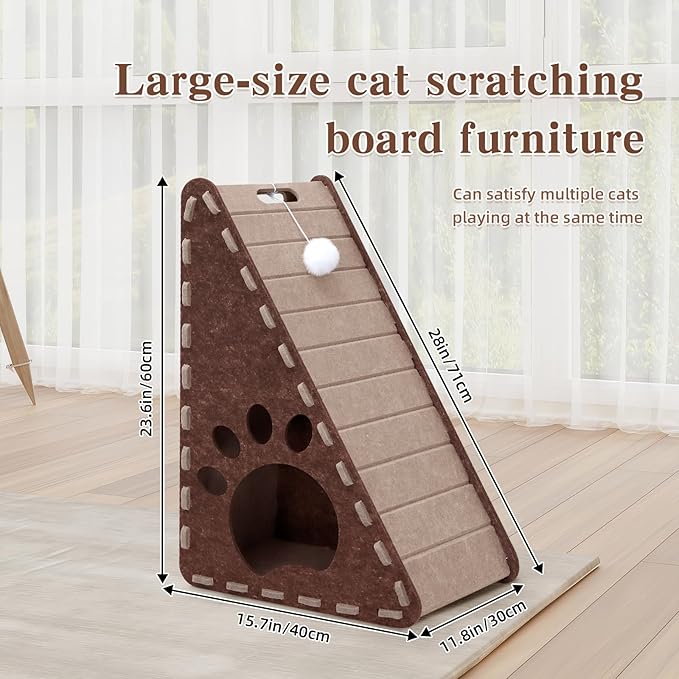 Cat Scratcher, Triangle Felt Cat Scratcher(Cat House), Vertical Integrated 3 in 1 Ramp Vertical Felt Cat Board(Brown Gray)