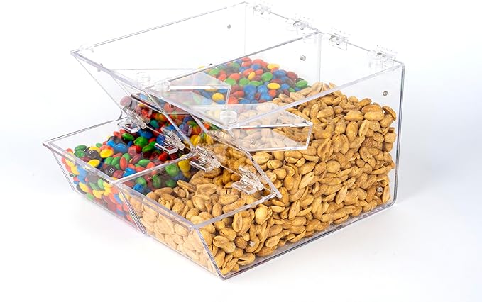 Candy Bin Topping Dispenser - Acrylic Bulk Sprinkle Container with Scoop, Stackable & Magnetic for Multiple Holders - For Cereal, Nuts, Candies & Snack Food Storage - 2 Pack