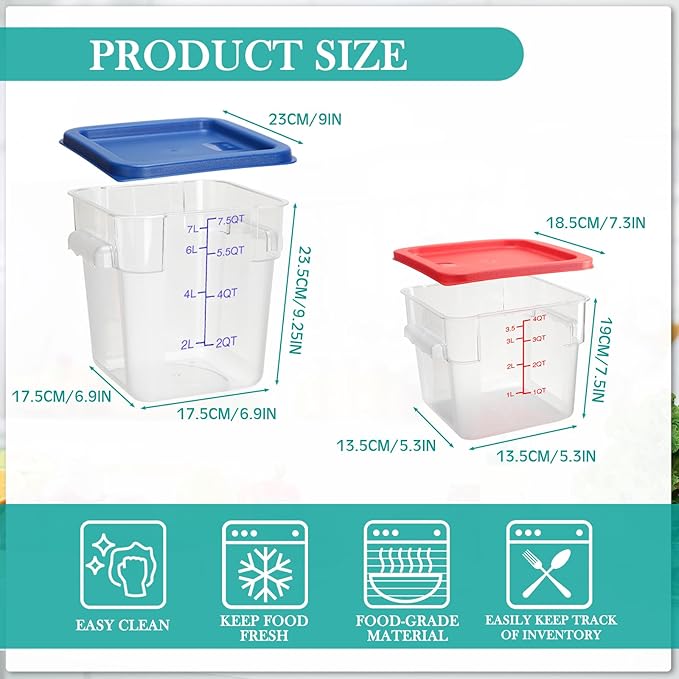 Lallisa 4 Pcs 8qt & 4qt Clear Food Storage Containers with Lids Handles and Scales, Stackable Plastic Square Food Storage Containers for Dough Proofing Baking Kitchen Restaurant(Red, Blue)