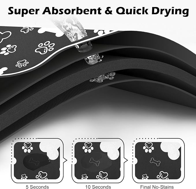 Dog Cat Food Mat,Rapid Absorbent Pet Feeding Mat, Bone Shaped Dog Placemat Water Bowl Mat with Rubber Backing,No Stains Dog Cat Food Mats Indoor, Pet Accessories Supplies 17"×29" Black