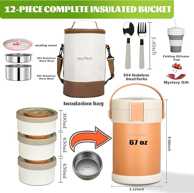 67oz Adults Thermo for Hot Food Kit 2L 9.06in 3 Layer Stainless Steel Vacuum Soup Food Thermo Hot Food Jar Bento Box for Men, Women, Suitable insulated Lunch Box for 12+ Camping, Office & Travel Use