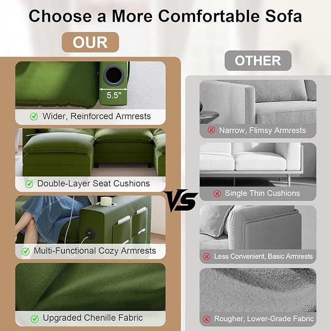 80.7" Modular Sectional Sofa, L Shaped Cloud Couch with Movable Ottoman, Chenille Deep Seat Cloud Sofa with Charging Station, Cup Holder, Side Pocket, Sectional Couches for Living Room, Green