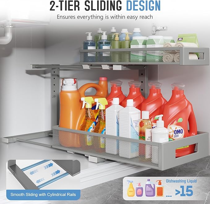 1 Pack 19IN Depth Under Sink Storage Organizer, Large 2-Tier Elegant Mesh Pull Out Shelf for Kitchen and Bathroom Cabinet Organization, L-Shaped and Adjustable Height Design-Gun Gray