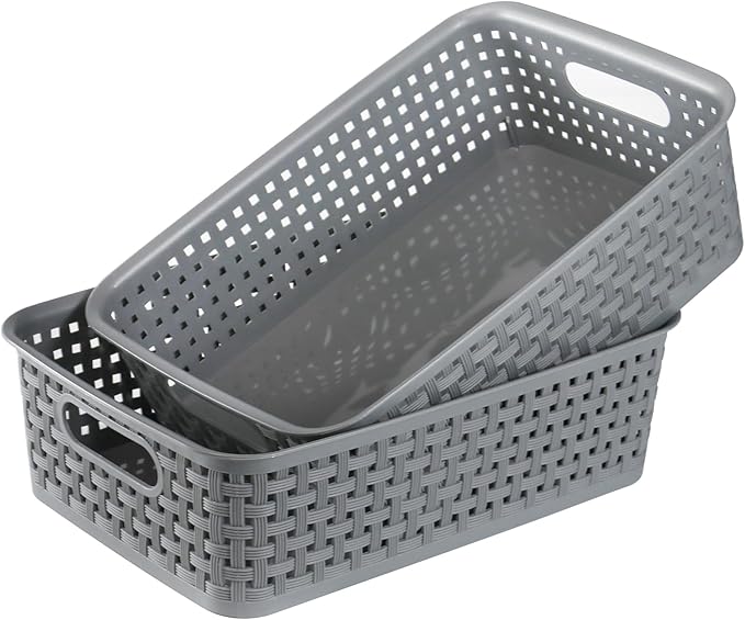 Plastic Storage Baskets - 6 Pack, Gray, Woven Storage Organizer Basket Small Stackable Plastic Weave Baskets, 10.6 x 7.2 x 3.1 inches