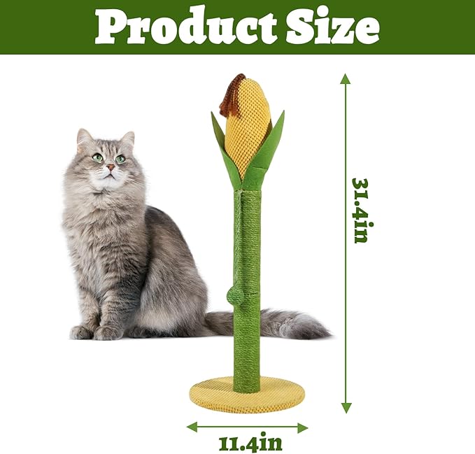 Cat Scratching Post,32" Tall Corn Scratcher for Indoor Cats Vertical Kitten Scratch Pole with Interactive Toys Durable Stable Sisal Claw Scratch Corduroy