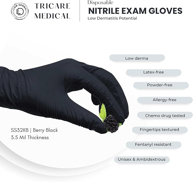 Nitrile Exam Gloves, Low Derma, Chemo Drug Tested, Latex free, Powder free, Berry Black, 3.5 Mil, S/M/L/XL