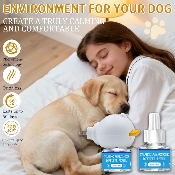Dog Calming Diffuser,Dog Pheromones Calming Diffuser, 3 in1 Appeasing Pet Pheromone Diffuser to Calm Kit (1 Plugin+2x48ml Refills) for Anxiety Relief Reduce Barking Aggression (Tasteless)