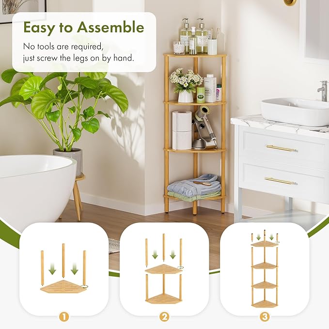 Corner Shelf Stand, 4 Tier Bamboo Corner Bookshelf, Narrow Tall Bookcase, Corner Shower Caddy, Open Storage Shelves, Plant Display Shelf, for Living Room, Kitchen, Office, Balcony, Bathroom