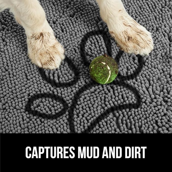 GORILLA GRIP SoakSTOPPER Dog Door Mat, 30x20 Machine Washable Rug Absorbent Doormat Captures Moisture Mud Dirt, Quick Dry Soft Chenille Entryway Rugs Indoor Entrance Mats for Dog Paws, Paw Grey
