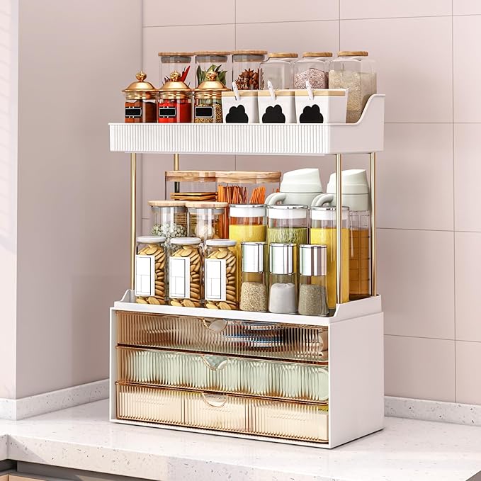 2 Pack Bathroom Organizers and Storage - 3 Drawers 2 Tier Makeup Organizer, Cosmetic Storage Drawer for Dresser Countertop and Bathroom Vanity for Large Skincare, Perfume, Amber