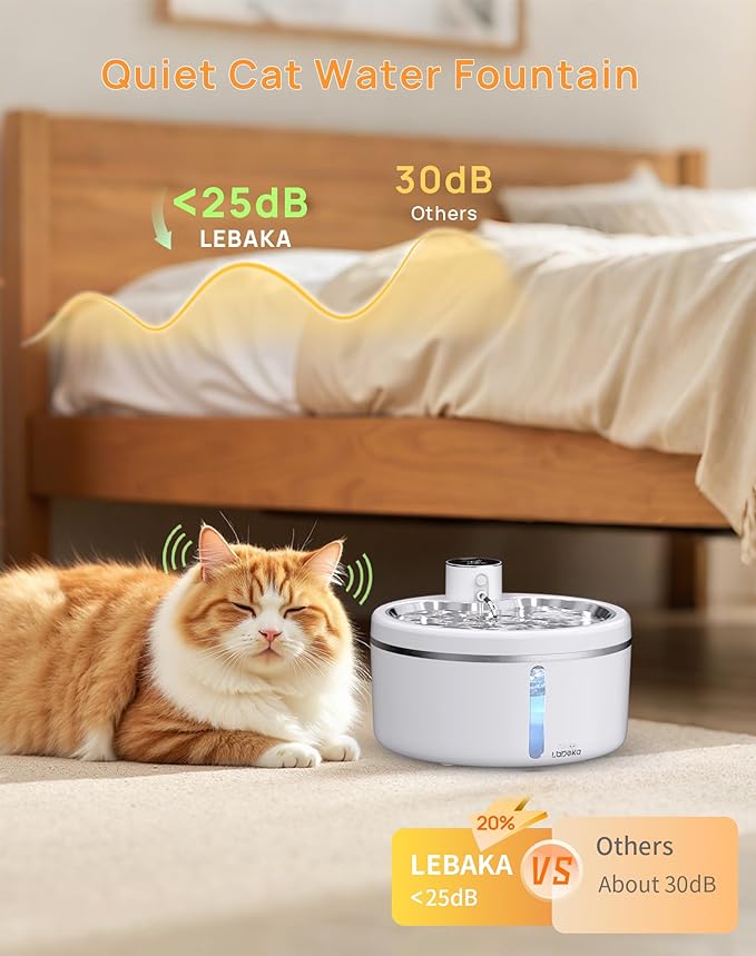 Wireless Cat Water Fountain with Stainless Steel Tray, 84oz/2.5L Pet Water Fountain for Cats Inside, Cat Fountain for Drinking with Motion Sensor, Ultra Quiet Pump for Pets& Small Animals (White)