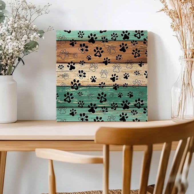 Framed Canvas Wall Art for Living Room Dog Paw Print Wall Decor, Retro Brown Sage Green Wood Grain Aesthetic Paintings for Bedroom Office Kitchen Bathroom, Ready to Hang Wall Pictures 12x12 Inch