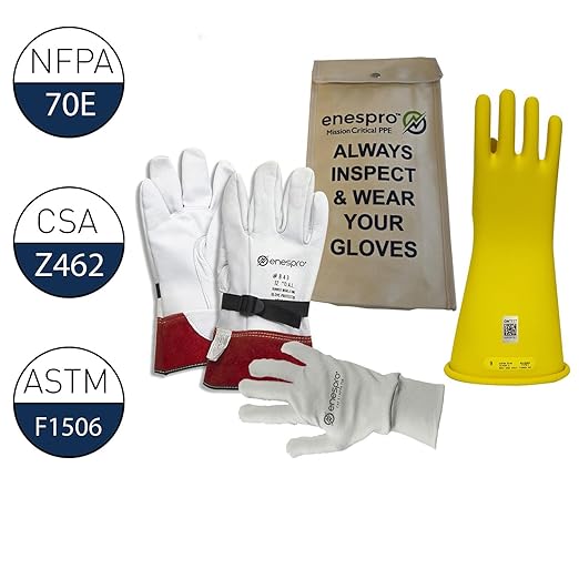 Enespro Class 2 Yellow Rubber Voltage Insulating Glove Premium Kit with FR Knit Glove and Leather Protectors, Max. Use Voltage 17,000V AC/ 25,500V DC, KITGC2Y10AG