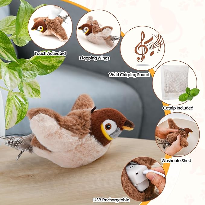 Flappy Bird Cat Toy for Indoor Cats, Chirping Flapping Wings Bird, Interactive Catnip Toys, Plush Kitten Exercise Toys (Sparrow)