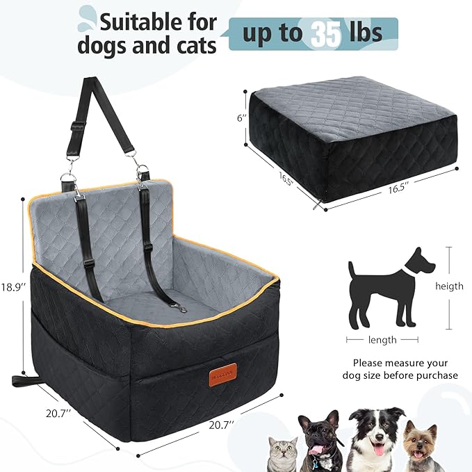 Small Dog Car Seat, Memory Foam Dog Booster Seats with Thick Cushion for Medium Dogs Under 35lbs, Detachable Washable Pet Car Seat Bed with Storage Pockets,2 Safety Belts