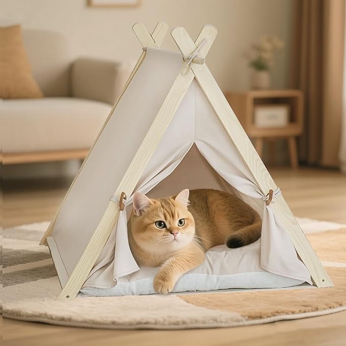 Pet Teepee with Thick Cushion, Cat Tents for Small Dogs Puppy and Cats,Portable Houses Indoor with Thick Cushion,Puppies Play House Removable and Washable,Beige