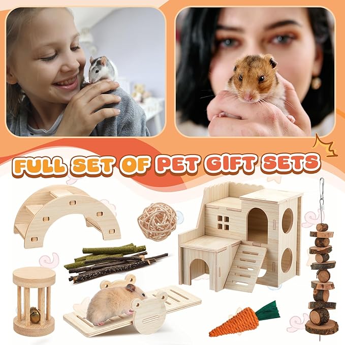 8 Pcs Hamster Cage Accessories Hamster Starter Kit with Maze Wood House, Bridge, Seesaw, Chew Toys Set for Gerbils and Mice Small Animals Habitat Supplies(Classic Villa)