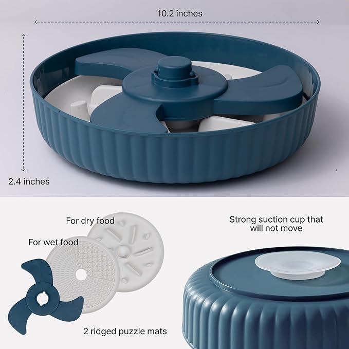 MalsiPree Spinning Slow Feeder Dog Bowl - Interactive Puppy Training Supplies & Dog Birthday Gifts - Anti-Choke Non-Slip Puzzle Feeder for Small & Large Breeds with 2 Interchangeable Mats - Blue