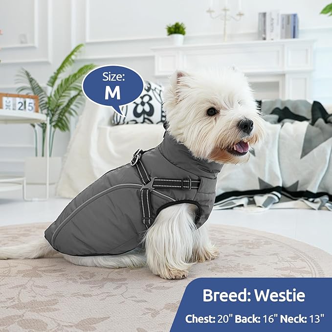 Dog Winter Coat with Harness Built in Warm Puffer Dog Jackets for Small Medium Large Dogs Windproof Waterproof Outfit with Plush Lining and Reflective Stripes (Grey, M)