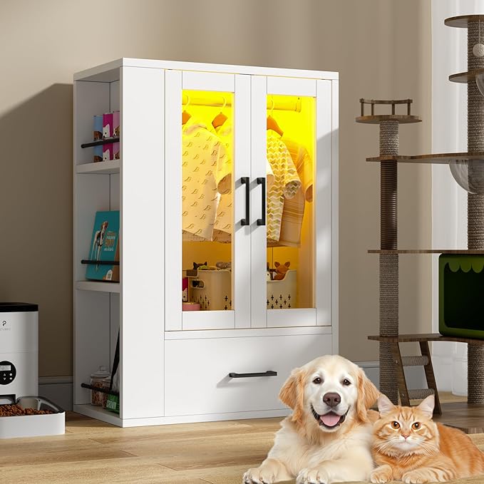 Pet Wardrobe Closet with LED Light, Side Storage Shelves & Drawer, White Pet Clothes Organizer Cabinet with Hanging Rod, Multi-Functional Pet Closet for Dogs & Cats Clothing, Toys