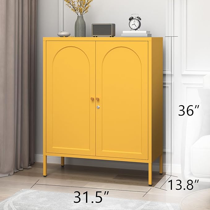 Metal Storage Cabinet with Lock, 2-Door Semi-Circular Steel Door, 2 Adjustable Shelves, Heavy Duty Secure Storage Unit for Home, Office, School, Yellow 36" H X 31.5" W X 13.8" D