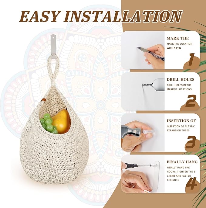 Hanging Fruit Baskets for Kitchen - 6 Pack Boho Wall Hanging Basket,Handwoven Wall Fruits Basket,for Garlic Potato Vegetable Onion Teardrop Home Hanging Storage Baskets(White Classic）