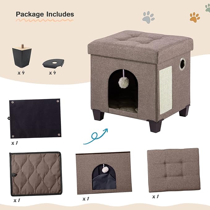 BRIAN & DANY Foldable Cat House, Cat Cave, Cat Cube with Scratch Board & Ball, 14.7" x 14.1” x 12.7”, Brown