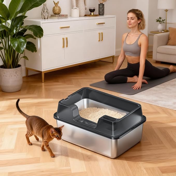 Enclosed Stainless Steel Cat Litter Box with Lid Extra Large Litter Box for Big Cats XL Metal Litter Pan Tray with High Wall Sides Enclosure, Non-Sticky, Anti-Leakage, Easy Cleaning