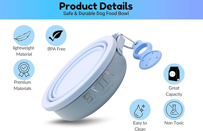 3-in-1 Travel Dog Bowl Set – 30 OZ Stainless Steel + 20 OZ Collapsible Water Bowl Lid | BPA-Free, Anti-Slip, Portable Dog Bowl w/Handle/Water Bottle Holder with Carabiner | Blue Bowls