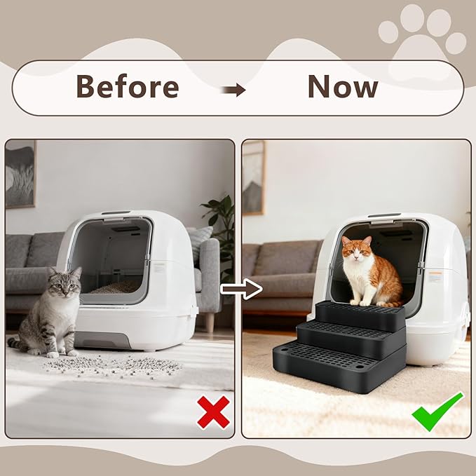 Adjustable 3 Steps Cat Ramp for Litter Box, Detachable Cat Pedal Step Stool with Filter Function, Double Layered Cats Litter Trapper, Suitable for Small&Elderly Cats, Non-Slip(Black)