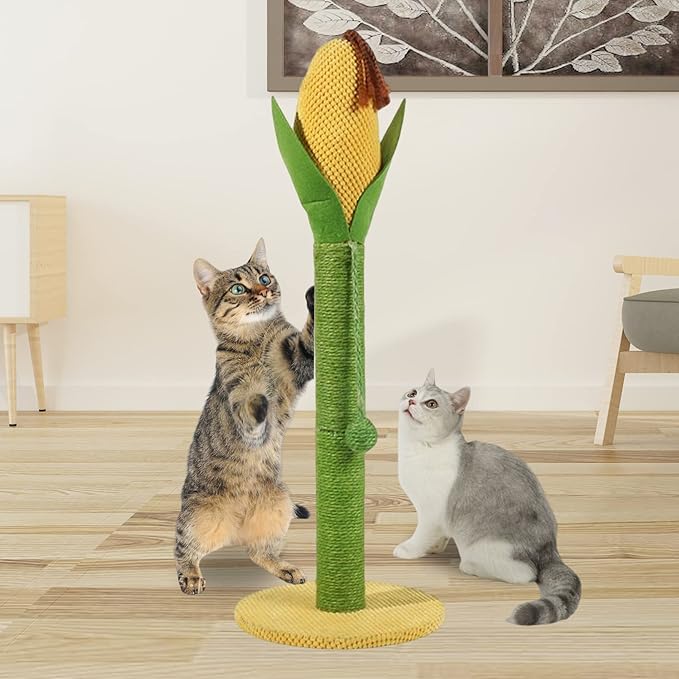 Cat Scratching Post,32" Tall Corn Scratcher for Indoor Cats Vertical Kitten Scratch Pole with Interactive Toys Durable Stable Sisal Claw Scratch Corduroy