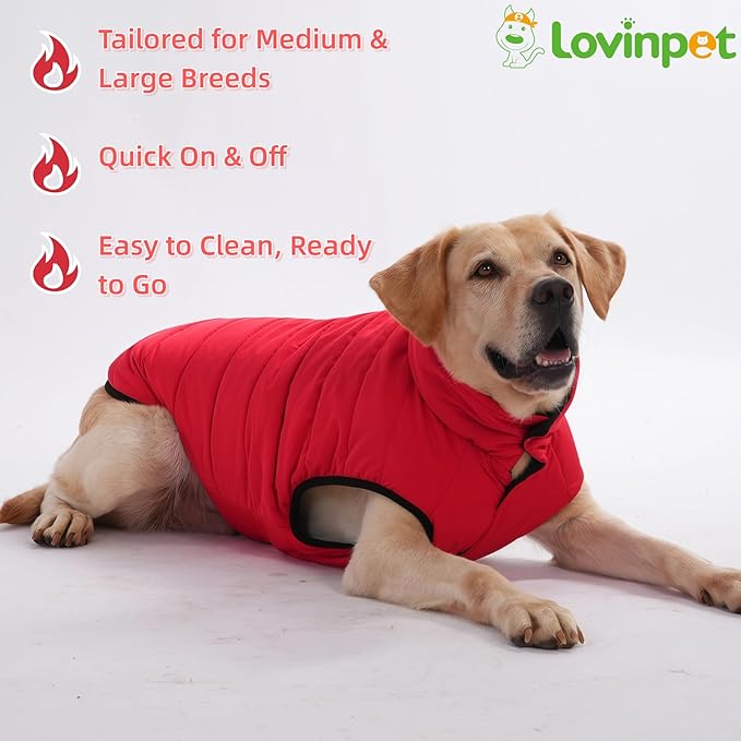 LovinPet Reversible Dog Puffer Coat for Medium & Large Dogs, Down‑Insulated Winter Jacket, Water‑Resistant & Wind‑Resistant, Anti‑Static, Dual-Sided Black & Red for Cold Weather,XL