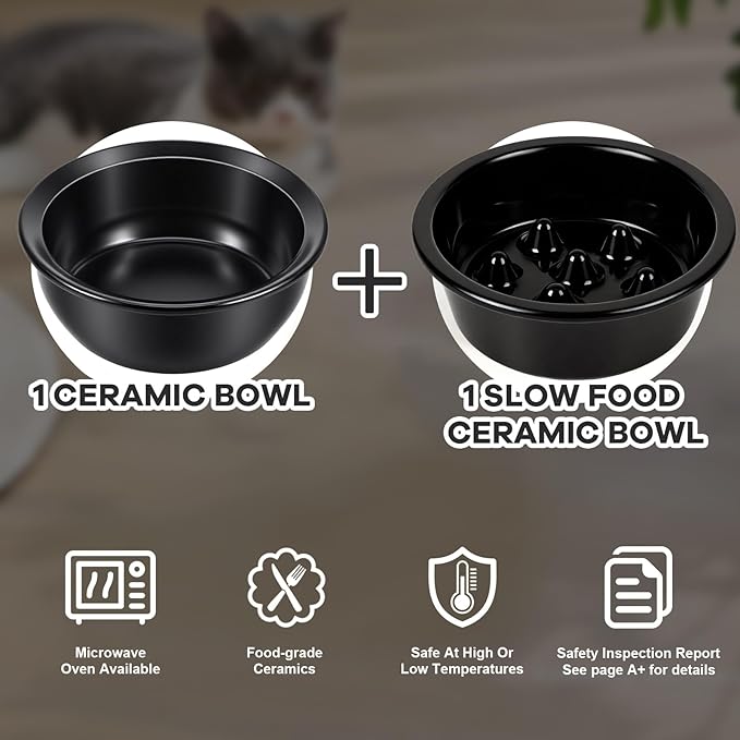 Upgraded Adjustable Height Cat Food Bowls Stand Ceramic Dog Bowls and Slow Feeder Cat Bowl, 15°Tilted Stand Anti Vomiting Raised for Small and Medium Sized Cats Dogs (Black (2 Bowl+Pet mat))