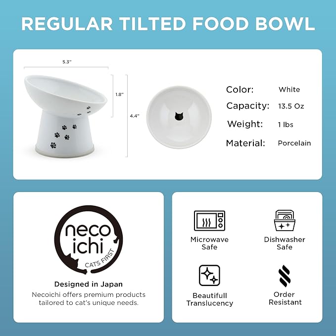 Necoichi Raised Cat Food Bowl – Ceramic Elevated 15° Tilted Cat Bowl for Whisker & Neck Fatigue, Dishwasher Microwave Safe – Non-Slip & Anti Vomiting Ergonomic Design (Cats, Regular Tilted)